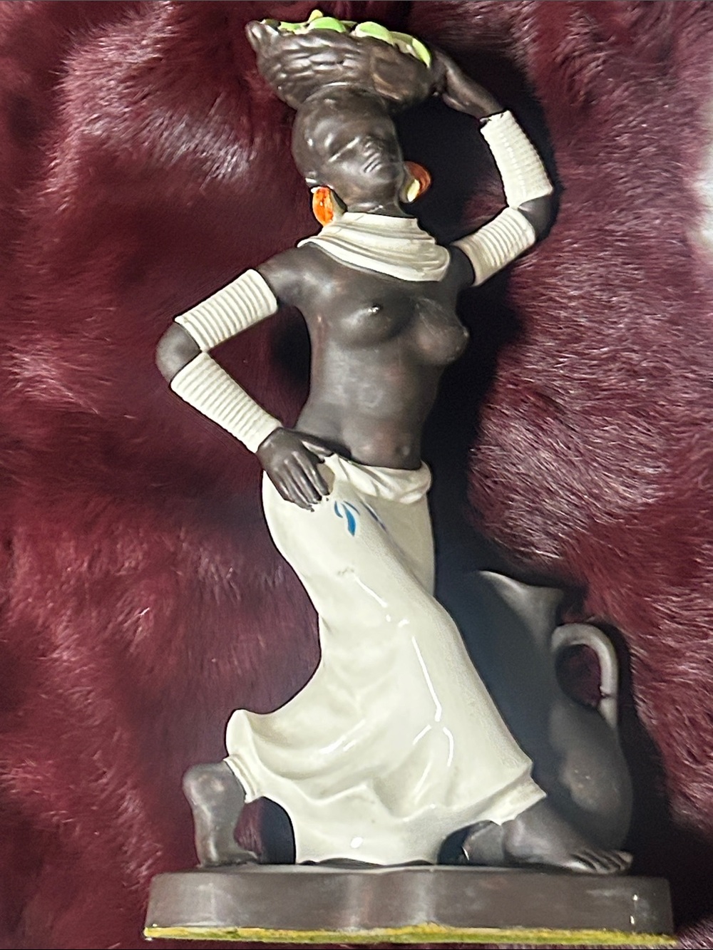 Used Decorative African Woman Figurine with Basket repaired